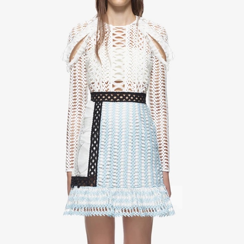 Self Portrait cutout white/blue lace dress.